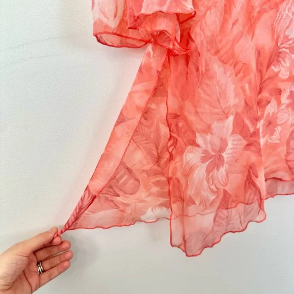 Vintage Picadilly Orange and Pink Floral Asymmetrical Sheer Blouse 3/4 Sleeves - Picture 8 of 15